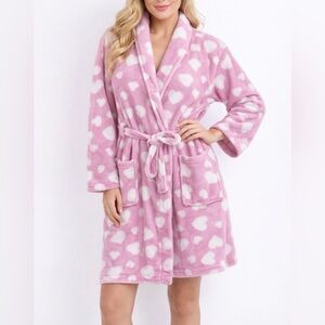 Hotel Spa Collection Plush Pink/White Hearts Cozy Belted Robe Lougewear One Size